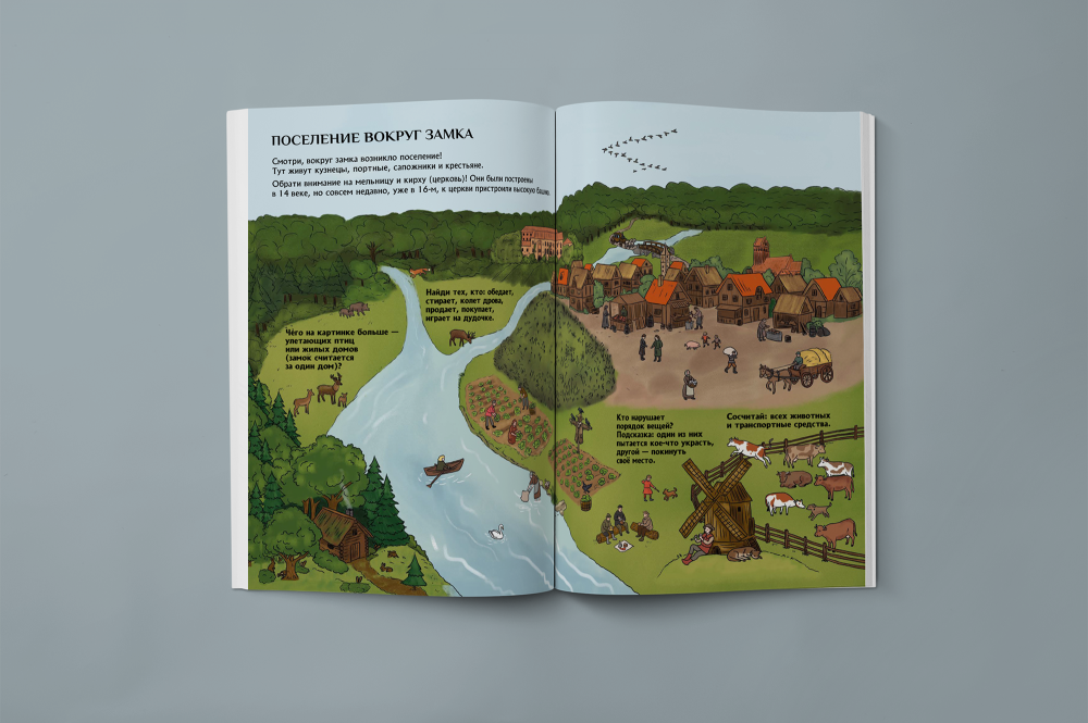 Мокап разворота книги с поселением вокруг замка